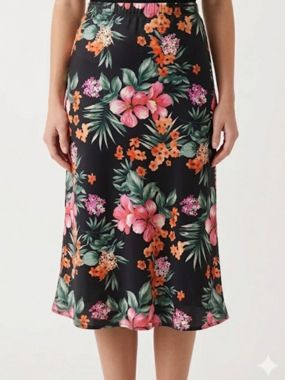 Francesca's Mi Ami Tropical Floral Satin Midi Pull On Elastic Waist Skirt M